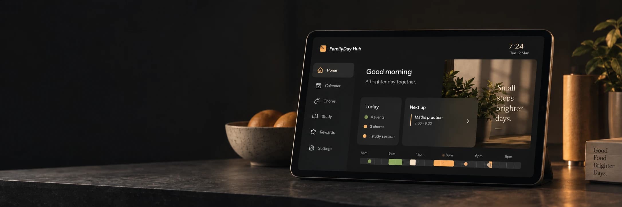 FamilyDay Hub on a kitchen tablet, showing the morning calendar, chores and next activity.